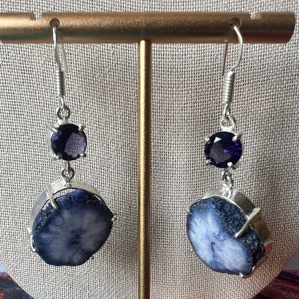Silver purple solar quartz earrings
